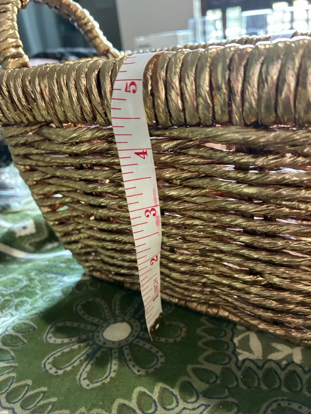 Metallic Gold Woven Abaca Rope Basket, Late 20th Century Rectangle with Handles.